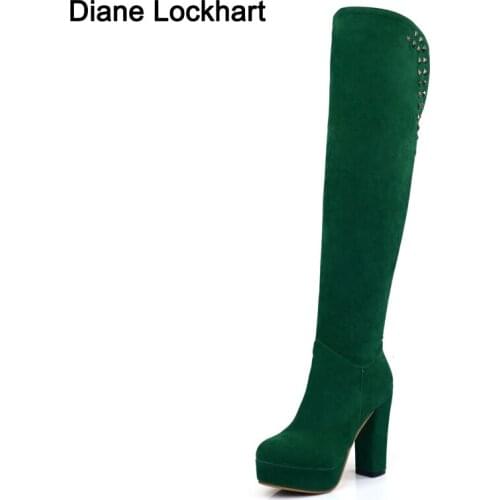 Platform Over Knee High Boots Women Flocked Winter Shoes Woman Fashion High Heels Botas Rivet Boots Black Green Bottine Mujer