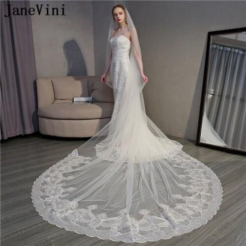 JaneVini 2019 Elegant One Layer Wedding Veils Sequins Lace Edge Cathedral Long Ivory Tulle Bridal Veil with Comb Bruiloft Sluier