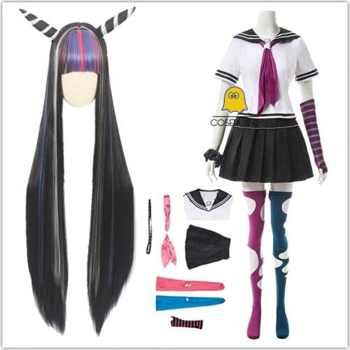 Dangan Ronpa 2 Goodbye Despair Ibuki Mioda Cosplay Dress Long Wig School Girl JK Uniform Skirt Set Halloween Costume for Women
