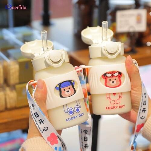 Creative 320ml/450ml Transparent Glass Water Bottle Cute Cartoon Cup With Straw Portable Leakproof Kids Student Girl Gift Bottle