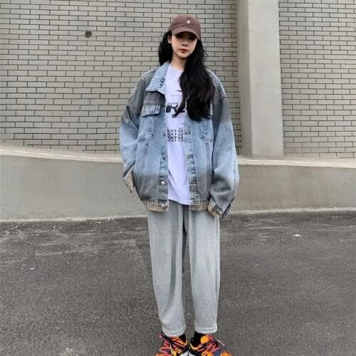 Korean Loose Vintage Tie-dye Contrast Color Female Denim Jacket Casual Harajuku Lapel Single Breasted Streetwear Vetement Femme