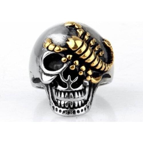 Punk Mens Silver color Skull Gold Scorpion Stainless Steel Motorcycle Biker Ring US Size 7-15