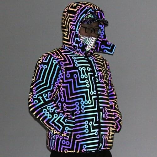 Men Clothing Winter Coat Laser Colorful Circuit Pattern Reflective Coat Japanese Trend Mens Large Size Loose Thick Coat