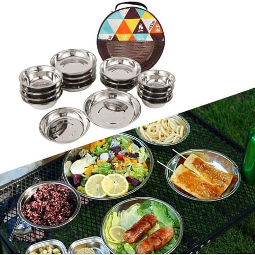 3-5 Persons Stainless Steel Tableware Mess Kit Includes Plate Bowl & Mesh Travel Bag for Backpacking & Camping