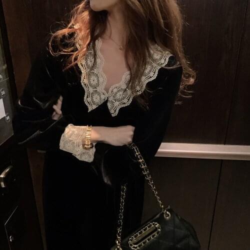 New Velvet Lace Stitching Dress Autumn Winter Woman Dresses Vestido De Mujer Femme Robe