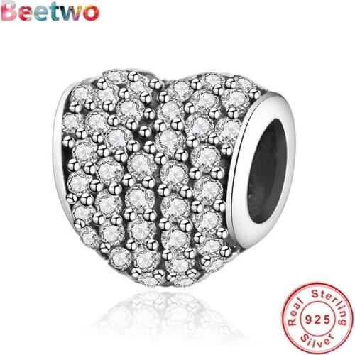 925 Silver Charms Fit Original Pandora Bracelets Heart Charms Pave Clear Zircon Beads For Jewelry Making Women Berloque