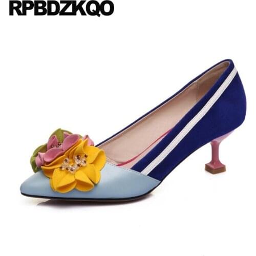 Strange Pumps Multi Colored Suede High Heels Stiletto Royal Blue Catwalk Colourful Flower Pointed Toe Floral Fashion Shoes 2017
