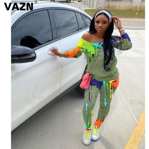 VAZN Autumn Print Slash Neck Casual Loose Sexy 2020 Set full sleeve 2 Piece Sets Night Club Young Lady Elegant Sets