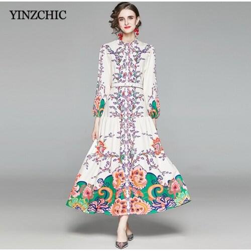 Spring Woman Floral Long Dress Single Breasted Female Runway Maxi Dresses Elegant A-line Vestidos Femme Vintage Print Dress