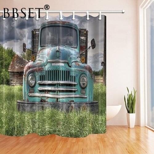 Retro Shower Curtain Old Broken Blue Big Truck Pattern Waterproof Multi-size Douchegordijn Bathroom Decor with 12 Hooks