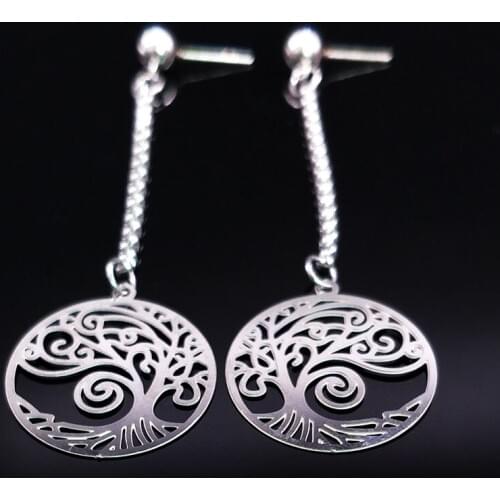 2021 Boho Stainless Steel Earrings Women Long Silver Color Tree of Life Stud Earrings Jewelry boucle doreille pour femme E612684