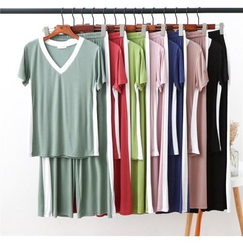 2021 New Women Modal Pajamas Set Patchwork V-Neck Home Clothes Lounge Wear Female Summer Homewear Ladies Modal Atoff Home
