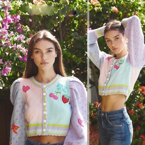 BOHO INSPIRED Cropped Cardigan fruit embroidery long sleeve sweet cardigan women Buttons Scalloped hem girl winter sweater new