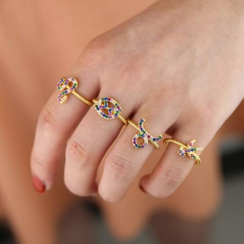 Summer fashion jewelry 12 constellations Zodiac Sign Rings gold filled rainbow colorful cz Women charm engagement wedding Ring