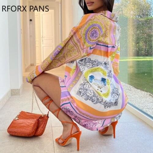 Women Scarf Print Long Sleeve Dip Hem Shirt Dress Sexy Party Dress for Women Dress 2021