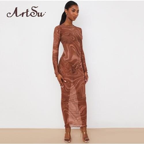 Mesh Patchwork Maxi Dress Women Print See-Through Bodycon Dresses Fashion Sexy Party Elegant Club Robe Outfits