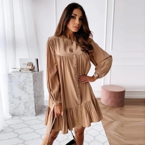 Women Vintage Ruffled Front Button A-line Dress Long Sleeve Stand Collar Solid Elegant Casual Mini Dress 2021 Autumn New Dress