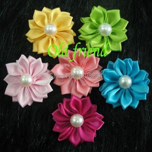 1.5'' satin ribbon multilayer flower with Pearl center, DIY flower for kids headband&hair clips, 60 pcs/lot free shipping