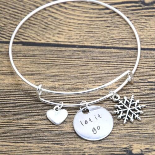 12pcs/lot snow Inspired Let Go bracelet Silver tone heart snowflake for women or girls bangle