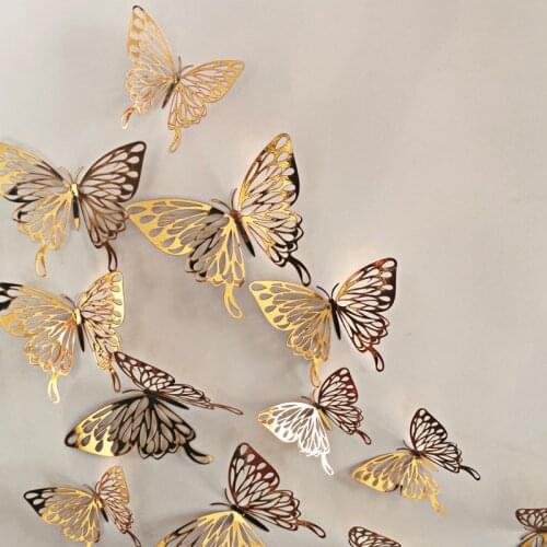 12 Pcs of Metal Texture Hollow Butterfly Wall Stickers Simulation Butterflies in Japanese Cartoons Home Decoration Accessories