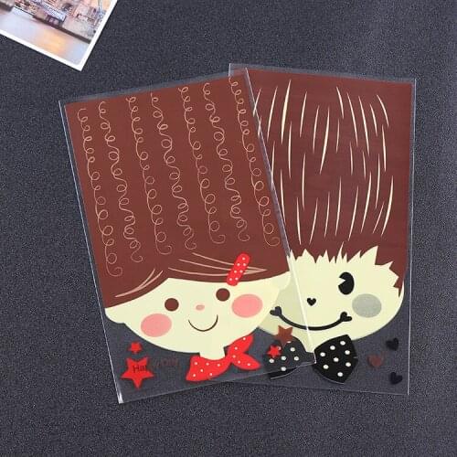 200PCS Cute Girl and Boy Cookie Cellophane Bags Wedding Party Plastic Biscuit Bags Candy Packing OPP Bag with Self Adhesive