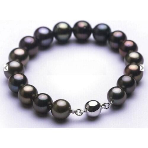 Free shipping Stunning7.5-8"9-10mm Natural Tahitian genuine black redish round pearl bracelet