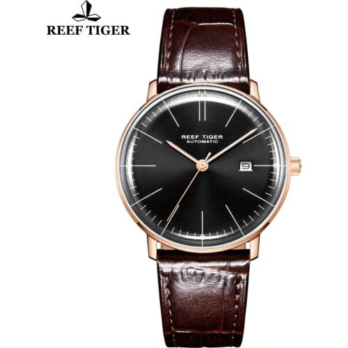 Reef Tiger/RT Luxruy Dress Watch Men Convex Lens Genuine Leather Strap Automatic Mechanical Watches with Date RGA8215