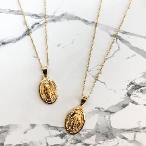 WTLTC Gold Color Virgin Mary Pendant Chokers Necklaces For Women Small Tiny Coin Charm Choker Oval Medallion Layered Necklace
