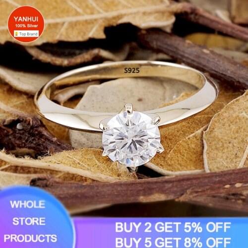 YANHUI Real 925 Sterling Silver 18K Gold Rings Handmade Fine Jewelry Minimalist Design 1 Carat Wedding Rings for Women Bijoux