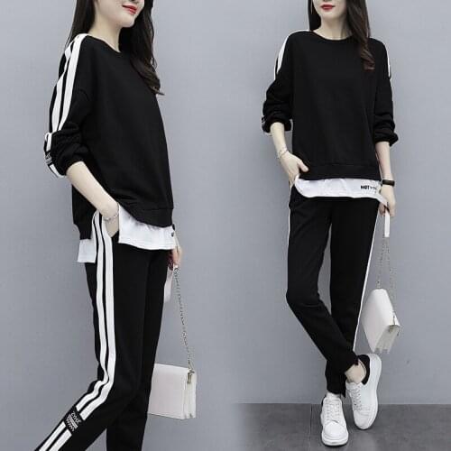 2pc/1set Womens Spring and Autumn New Loose Round Neck Striped Fashion Casual Sports Suit