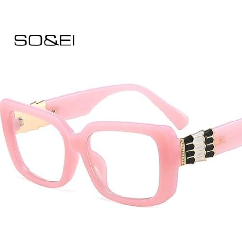 SO&EI Fashion Square Women Glasses Frame Retro Metal Decoration Clear Lens Eyewear Men Optical Leopard Eyeglasses Frame