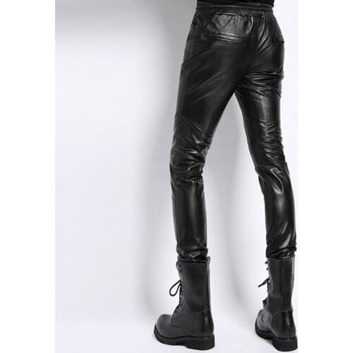 Fashion Mens Casual Jogging Pants Elastic Waist Slim Fit Sheepskin Genuine Leather Pants Long Trousers Motorcycle Biker Pants