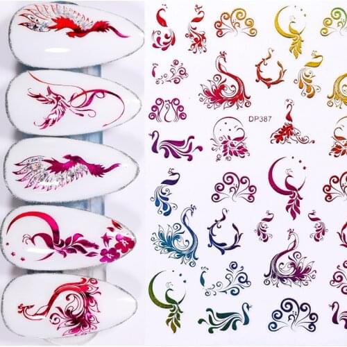Colorful Phoenixs 3D Nail Stickers Gold Brozing Dragon Design Self Adhensive Transfer Decal Stickers for Nails Decoration Wraps