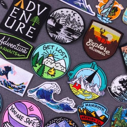 Nature Adventure Patches On Clothes Wave Patch Iron On Embroidered Patches For Clothing DIY Mountain Stripe For Jackets Parches