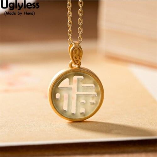 Uglyless Chinese FU Hollow Jade Pendants for Women Eastern Cultural Gifts Necklaces No Chains Gemstones 925 Silver Jewelry Retro