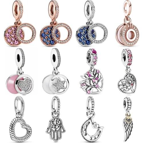 Original Pink & Blue Crystal Disc Heart Family Tree Pendant Beads 925 Sterling Silver Charms Fit Europe Bracelet DIY Jewelry