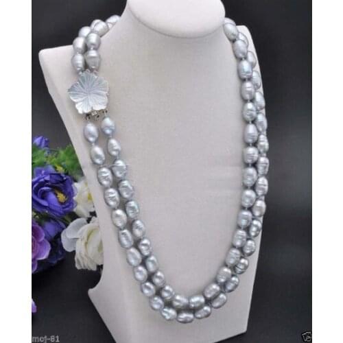2 Rows 10-11mm Natural Gray Rice Freshwater Cultured Pearl Necklace 18-19'' AAA