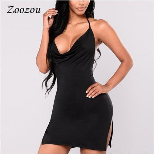 Sexy Backless Lace Up Camisole Dress Women Deep V Halter Neck Skinny Dresses Sleeveless Party Bodycon Slim Mini Dress Custom