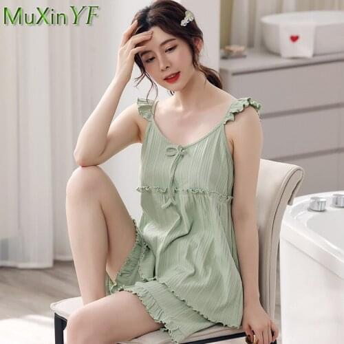 Pure Cotton Pajamas Summer Suspender Plus Size Shorts Pijamas 2 Piece Set 2021 Summer V-Neck Thin Soild Sexy Sleepwear Nightie