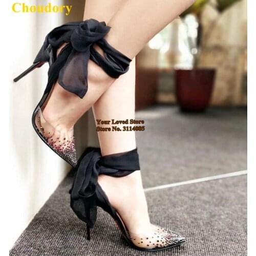 Choudory Clear PVC Bling Bling Crystal Wedding Shoes Black White Red Ribband Lace-up Bowtie High Heel Pumps Glittering Shoes