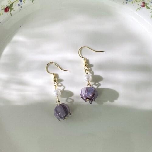 Korean Fashion Purple Color Glaze Flowers Dangle Earring for Women Girls Delicate Plant Faux Pearl Earring Jewelry Pendientes
