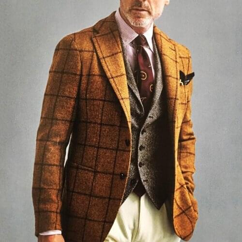 Vintage Check Men Tuxedos England Style Streetwear Fashion Male Plaid Blazer Party Wedding Groom Prom Suit Coat 1 Piece