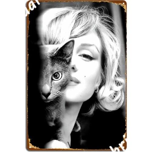Marilyn Monroe With Cat Vintage Black And White Photograph Metal Sign Wall Mural Party Plates Retro Tin Sign Poster