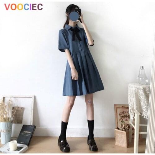 VOOCIEC Japanese Academic Girls Skirt 2020 Summer New Western Bow Hipster Dress Women sweet Lolita dress princess