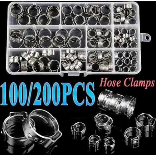 100/200PCS High Quality 5.3mm-15.3mm Stainless Steel Ear Clamp/Single Ear Hose Clamps Assortment Kit with Storage Box