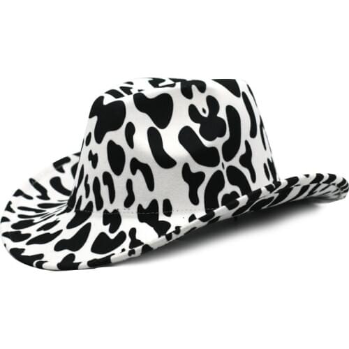 Double-sided Cow Pattern Top Hat Womens Rolled-brim Fedora Hat Western Cowboy Felt Hat Winter Thick Warmth Ladies Jazz Hat