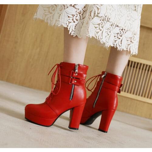 Small Size 32 33 Women Punk Zipper Buckle Boots Fall Autumn Winter Shoes Woman Chunky Heels Platform Ankle Boot Large Size 47 48