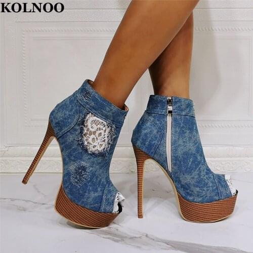 Kolnoo New Real Pictures Womens High Heels Boots Denim Leather Peep-Toe Side-Zipper Summer Sexy Platform Fashion Ankle Booties