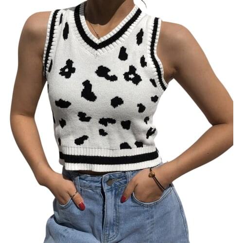 Women Knitted Vest Stylish Cow Printed Sleeveless Pullover Sweater Girls Slim Fit Crop Tank Spring/Autumn Tops S-L