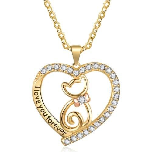 JewelOra New "I Love You Forever" Cute Cat Pendant Necklace Gold Color Zirconia Heart Chain Necklaces for Women Fashion Jewelry